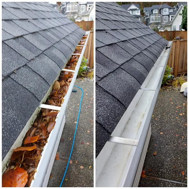 Gutter clean-out in Chilliwack, BC — before and after